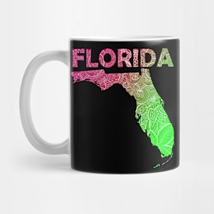 Colorful mandala art map of Florida with text in pink and green Mug